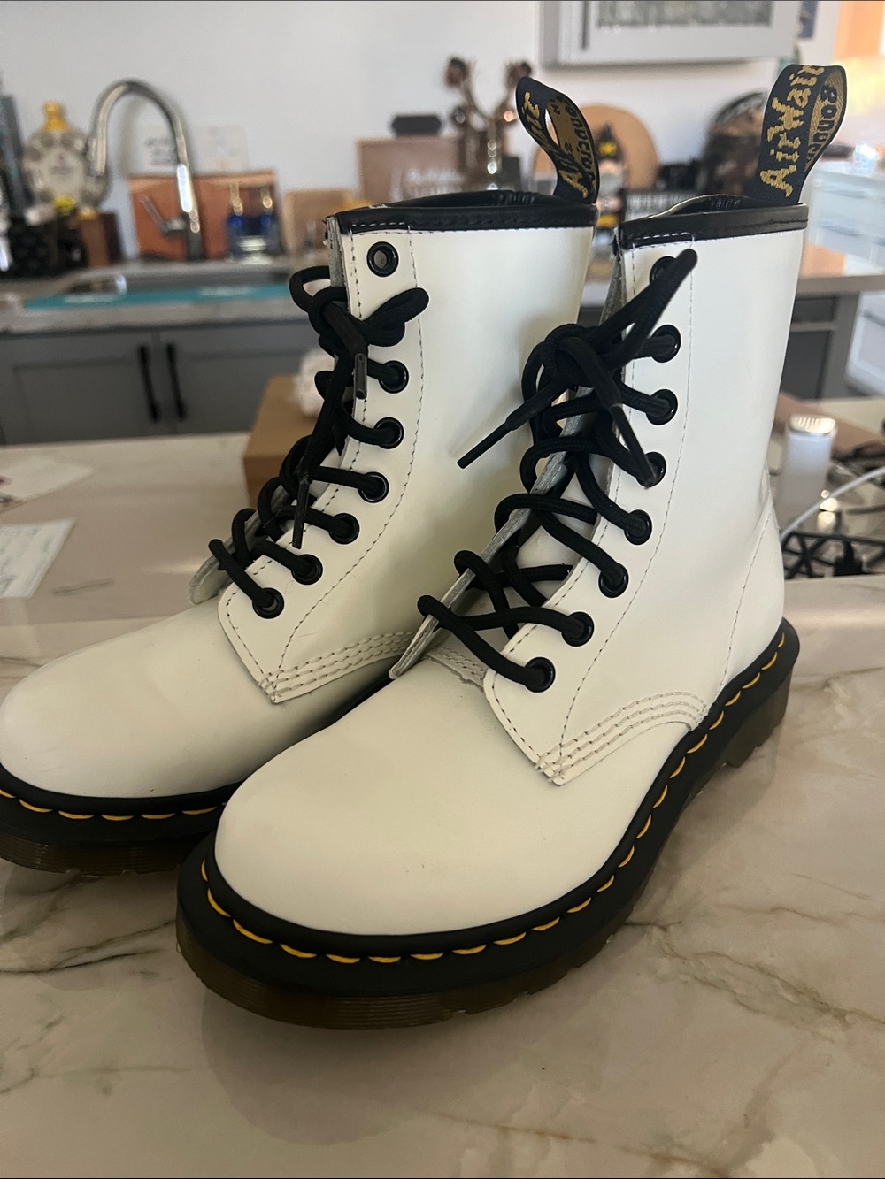 Dr. Martens White Leather 8-Eye Lace-Up Boots with Black Accents, size 5